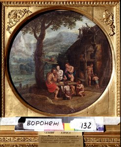 Enoks familie (eller Henoch eller Enoc eller Henoc). Familien Enoch. Maleri af Gillis Mostaert (1534-1598). Hollandsk kunst, mannerisme. Olie på lærred. Ivan Kramskoy (eller Kramskoi) kunstmuseum i Voronezh (Voronezh), Rusland.