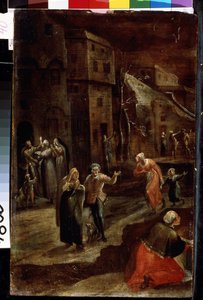""Gadescene om natten"" (Natscene i en by) Indbyggere i en by i Holland, der ser ud til at flygte fra en trussel, løber og søger tilflugt i husene, indtryk af frygt og angst. Maleri af Gillis Mostaert (1534-1598) Lviv, Museum of B af Gillis Mostaert