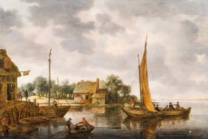 Et flodlandskab med en færge, ca. 1640