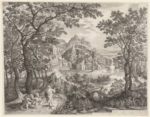 Elisha forbander Betel-børnene, som bliver fortæret af bjørnene, 1602. af Gillis van Coninxloo