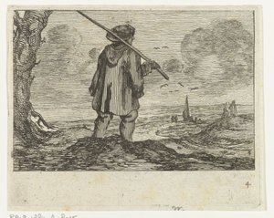 Klitlandskab med en mand, med en stav på skulderen Verscheyden Strande og vandlandskaber udført af Jan Percelles (serietitel) af Gillis van Scheyndel (I)
