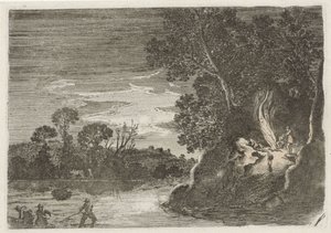 Figurer omkring et lejrbål Syv landskaber (serietitel) af Gillis van Scheyndel (I)