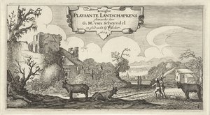 Titelprint af tolv landskaber med figurer Eenighe Playsante Lantschapkens (titel på objekt) Tolv landskaber med figurer (serietitel) af Gillis van Scheyndel (I)