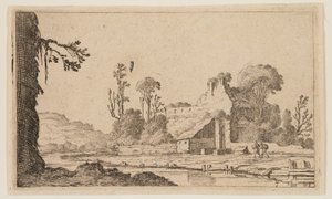 Ruiner forvandlet til en gård ved en flod, fra Twelve Landscapes