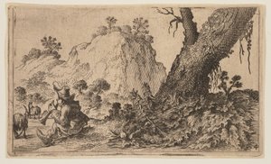 Hyrde spiller blokfløjte for en flok geder, fra Twelve Landscapes