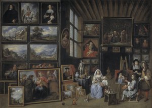 Et billedgalleri med en kunstner, der maler en kvinde og en pige. Allegori over malerkunsten