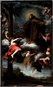 Repræsentation af Saint Louis fra Anjou, der tilbeder korset (olie på lærred af Gio Bernardo Carbone