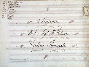 Detalje af første side af violinmusikpartitur til en symfoni af Gioacchino Rossini af Gioachino Rossini