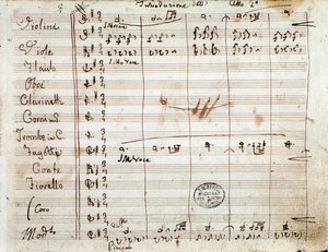 Første side med autograf af partiture til akt II af operaen Barberen i Sevilla af Gioacchino Rossini