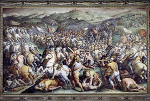 Slaget ved Scannagallo i Valdichiana (Val di Chiana). Fresko af Giorgio Vasari og hans atelier (1511-1574). Palazzo Vecchio (Salone dei Cinquecento)