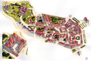 Aeriansk udsigt over byen Guimaraes: til venstre slottet og klosteret, der blev bygget i det 11. århundrede. Portugal. Illustration af Giorgio Albertini. (Brugen af denne forfatters værker er ikke underlagt en ansøgning om tilladelse fra en tredjepart elle af Giorgio Albertini
