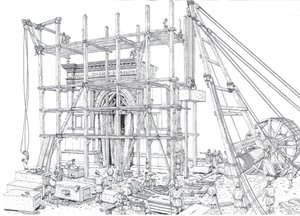 Det gamle Rom: Rekonstruktion af en byggeplads for en bue i det 1. århundrede e.Kr. Arbejderne hejser marmorblokkene op med stilladser og taljer. Illustration af Giorgio Albertini. (Brugen af denne forfatters værker er ikke underlagt en ansøgning om af Giorgio Albertini