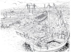 Antiquite: Transport med skib af marmor, sandsynligvis fra stenbruddene i Carrara (Carrara). 2. århundrede efter JC Italien Illustration af Giorgio Albertini. (Brugen af denne forfatters værker er ikke underlagt en ansøgning om tilladelse fra en tredjepart af Giorgio Albertini