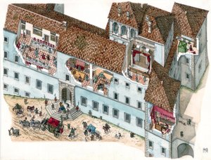 Barokkunst: Udsigt og arkitektonisk udsnit af paladset Chigi a Ariccia, Lazio, i det 17. århundrede. Det indre af familiens værelser og tjenestefolkenes boliger er synlige. Italien af Giorgio Albertini