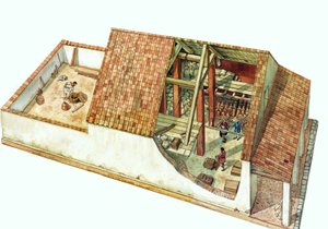 Byzantinsk arkitektur: Rekonstruktion af en Class-butik, lagerbygning i Classe-dokområdet, havnen i byen Ravenna (Ravenna) på kejser Justinians tid. Italien i det 7. århundrede. Sektionen af bygningen giver dig mulighed for at se de opbevarede varer. af Giorgio Albertini