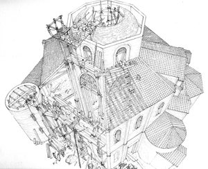 Byzantinsk kunst: gengivelse af byggepladsen for Sankt Vitals basilika (Saint Vital eller San Vitale) i Ravenna i det 5. århundrede. Aeriansk udsigt, der viser arbejderne på stilladset, som arbejder på kuplens ramme. Italien Illustration af Giorgi
