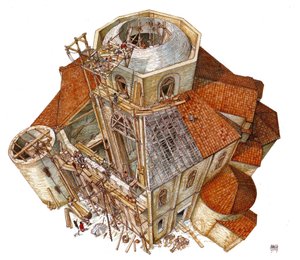 Byzantinsk kunst: gengivelse af byggepladsen for Sankt Vitals basilika (Saint Vital eller San Vitale) i Ravenna i det 5. århundrede. Aeriansk udsigt, der viser arbejderne på stilladset, som arbejder på kuplens ramme. Italien Illustration af Giorgi