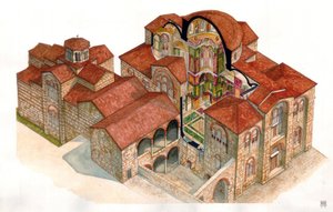 Byzantinsk kunst: Udsigt og arkitektonisk udsnit af klosteret Hosios Loukas (Osios Lukas eller Luckas), bygget i det 11. århundrede. Grækenland af Giorgio Albertini