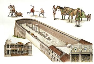 Byzans: Rekonstruktion af væddeløbsbanen i Konstantinopel, en arena i stil med det romerske cirkus til væddeløb med kampvogne, bygget af Konstantin I i det 4. århundrede. I midten af banen er der obelisker og søjler som udsmykning. Nuværende Istanbul, Tyrk