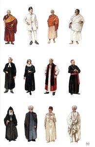 Kostumer og kjoler fra medlemmer af præsteskabet i forskellige religioner, buddhistisk munk, ortodoks, kardinal, protestantisk præst.