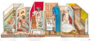 Dagligt liv: udvikling af sanitære systemer og hygiejne: tavle med bade, bade, bade, toiletter fra antikken til moderne tid. af Giorgio Albertini