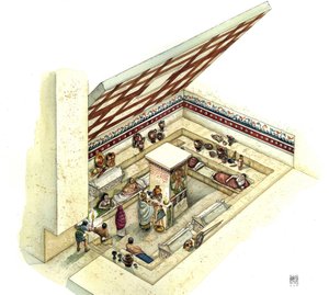 Etruskisk civilisation: rekonstruktion og udskæring af Tifone-graven (tyfonen), Tarquinias nekropolis. 2. århundrede f.Kr. Italien af Giorgio Albertini