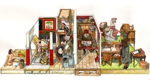 Udvikling af skrivekunst, kontorer og skrifter: fra venstre mod højre, en skriver i det gamle Egypten, det antikke og derefter det middelalderlige scriptorium (kopistmunk), en opdagelsesrejsende navigatør, der arbejder på sit kontor, et kontor i Louis XIV