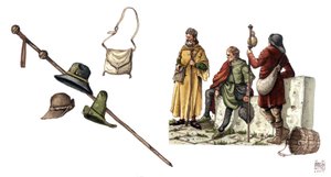 Middelaldermode: pelerinerkostume mellem det 12. og 14. århundrede, taske, hatte, stok, tunikaer. af Giorgio Albertini