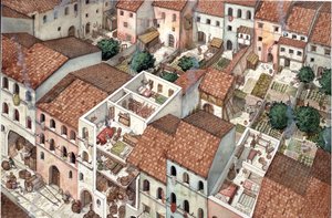 Middelalderen: aerian view of dwellings, tværsnit af det indre af boligerne i Firenze, Italien i det 13. århundrede. af Giorgio Albertini