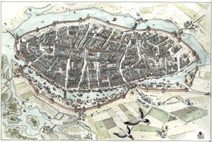 Middelalderen: Luftfoto af byen Lubeck i Tyskland med gadekort, der viser dens geografiske placering på en ø ved sammenløbet af floderne Wakenitz og Trave. Det 15. århundrede. Tyskland Illustration af Giorgio Albertini. (Brugen af denne forfatters w