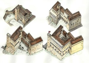 Middelalderen: Luftfoto af de forskellige faser i opførelsen af Vatikanpaladset (Vaticano) mellem det 12. og 15. århundrede. Rom Italien af Giorgio Albertini