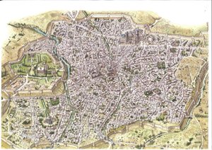 Middelalderen: detaljeret luftfoto af byen Samarkand (Samarkand), hvor man kan se voldene, i Usbekistan på det mongolske Chaybanid-dynastis tid. 1450 omkring Centralasien. Illustration af Giorgio Albertini. (Brugen af denne forfatters værker er af Giorgio Albertini