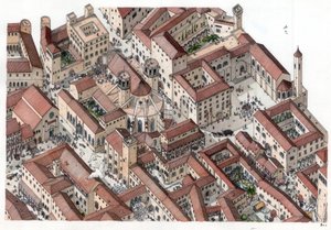 Middelalderen: Genopbygning af det historiske kvarter Barri Gotic (barrio gotico) i Barcelona i det 14. århundrede. Cathedrale Sainte-Eulalie (Sankt Eulalie) er synlig. Spanien Illustration af Giorgio Albertini. (Brugen af denne forfatters værker er ikke u af Giorgio Albertini