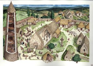 Middelalderen: Rekonstruktion af det gamle kloster i Glendalough, der blev grundlagt af Sankt Kevin, en eneboerpræst. Stedet blev i det 9. århundrede et sted for religiøs uddannelse. Et rundt tårn er synligt i tværsnit, et keltisk kors. Irland i det 9. årh