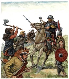 Middelalderen: Scene fra slaget ved Roncesvaux (Spansk Baskerland), Franc-ryttere fra Karl den Stores hær kæmper mod maurerne i 778. Illustration fra det 8. århundrede af Giorgio Albertini.