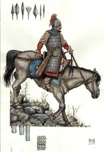 Middelalderen: Soldat i det ungarske tunge kavaleri. 9. århundrede af Giorgio Albertini