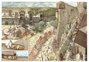 Middelalderen: belejringen af byen Viterbo (Viterbo) nær Rom, som var eftertragtet af guelferne, der støttede paven, og af gibelinerne, der støttede kejser Frederik II Hohenstaufens hær (1194-1250) i 1240. I Italien. Nedenfor til venstre ses en beskrivelse