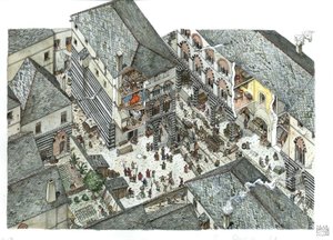 Middelalderen: Udsigt til et palads for købmandsadelen (Curia eller curia) i Genes i det 15. århundrede, gadescener, Italien Illustration af Giorgio Albertini. af Giorgio Albertini