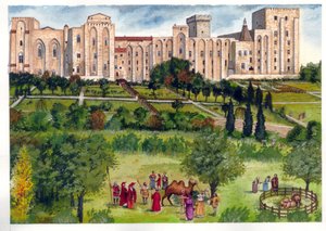 Middelalderen: Udsigt til pavepaladset i Avignon, da det var pavernes residens. I haven spadserer medlemmer af kurien for at beundre eksotiske dyr (kameler, løver) 14. århundrede. af Giorgio Albertini