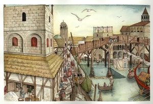 Middelalderen: Udsigt til Rialtobroen i det 11. århundrede og aktiviteter i Venedig, Italien. af Giorgio Albertini