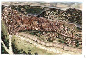 Middelalderen: Udsigt over middelalderbyen Volterra, omgivet af volde, i det 14. århundrede. Toscana. Italien Illustration af Giorgio Albertini. (Brugen af denne forfatters værker er ikke underlagt en ansøgning om tilladelse fra en tredjepart eller til t af Giorgio Albertini