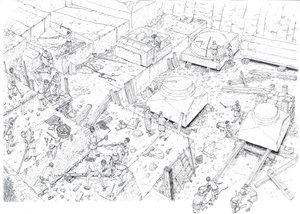 Middelalderen: Udsigt med arbejdere, der arbejder i marmorbruddene i Carrara (Carrara) i det 15. århundrede. Italien Illustration af Giorgio Albertini. (Brugen af denne forfatters værker er ikke underlagt en ansøgning om tilladelse fra en tredjepart o af Giorgio Albertini