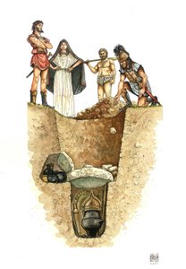 Neolitikum: snit af en Villanoviansk grav (Villanova-kultur), urnerne med den afdødes aske er begravet i brønde (ballotmarker), 8. århundrede f.Kr. Etrurien, Italien af Giorgio Albertini