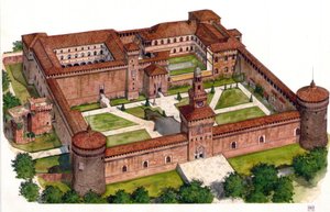 Oversigt over Sforza-slottet (Castello Sforzesco), der blev bygget af hertug Francesco Sforza i det 15. århundrede i Milano, Italien. af Giorgio Albertini
