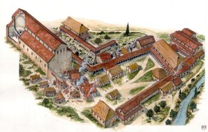 Preromansk kunst: aeriansk udsigt over velsignelsesklosteret Saint Vincent (St. Vincent) i Volturne (Abbadia di San Vincenzo al Volturno), der blev grundlagt i det 8. århundrede. Castel san Vincenzo, Italien Illustration af Giorgio Albertini. (Brugen af de af Giorgio Albertini