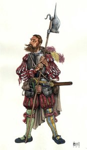 Afbildning af en lansquenet (Lanzknecht), en tysk lejesoldat, i en herres tjeneste. 16. århundrede af Giorgio Albertini