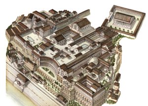 Romersk antikvitet: Rekonstruktion af Palatinerbjerget (Glue Palatino) i det 4. århundrede, hvor skiftende kejsere (Augustus, Nero, Severe Septime) byggede deres respektive paladser. Rom Italien af Giorgio Albertini