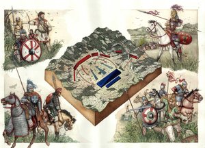 Goternes krig (535-553) mellem byzantinerne og ostrogoterne: Slaget ved Taginae i juli 552, som gjorde det muligt for Justinians byzantiner at marchere ind i Rom fra Ravenna.
