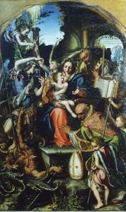 Hellig familie med Sankt Michael Ærkeenglen og Djævelen, der kæmper om sjæle, Sankt Bernhard og af Giorgio Gandini del Grano
