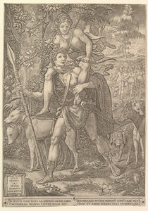 Allegory of the Hunt, en jæger, der holder et stort spyd med en kvinde Diana på sit shou..., 1556. af Giorgio Ghisi